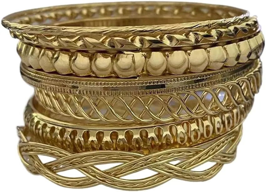 Gold Silver Plated Bangle Bracelets Set for Women Boho Indian Multi Layer Stackable Textured Bracelet Vintage Chunky Bangle for Friend Birthday Party Jewelry