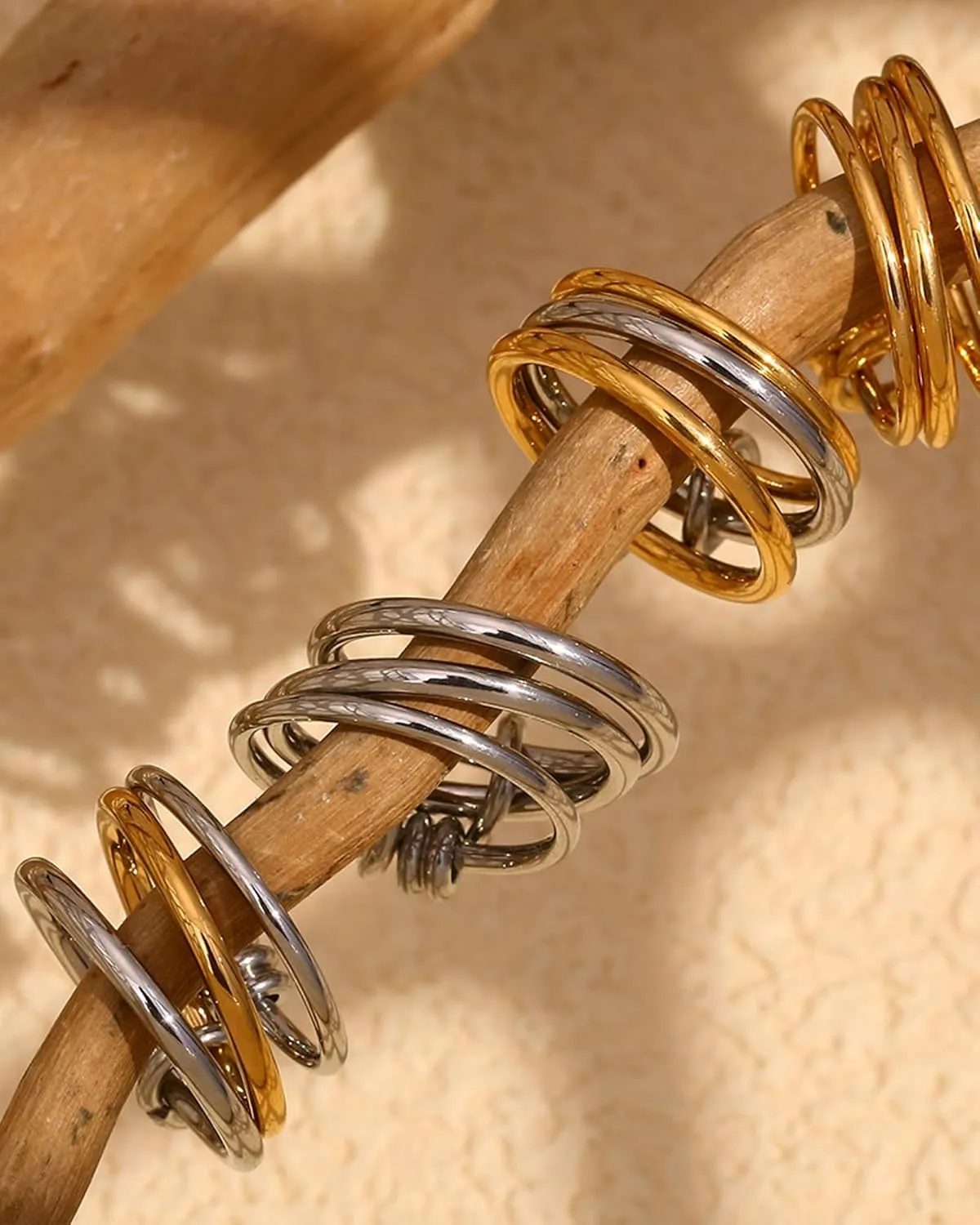 Gold Stackable Rings for Women 18k Gold Plated Stacked Rings Trendy Silver and Gold Rings Set Two-Tone Mixed Metals Stack Statement Rings 3 Link Connected Rings Non Tarnish Gold Jewelry