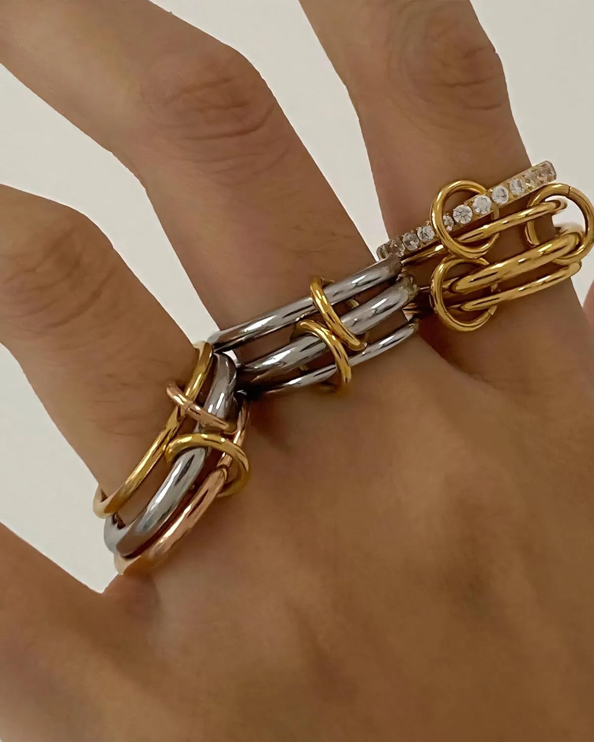 Gold Stackable Rings for Women 18k Gold Plated Stacked Rings Trendy Silver and Gold Rings Set Two-Tone Mixed Metals Stack Statement Rings 3 Link Connected Rings Non Tarnish Gold Jewelry
