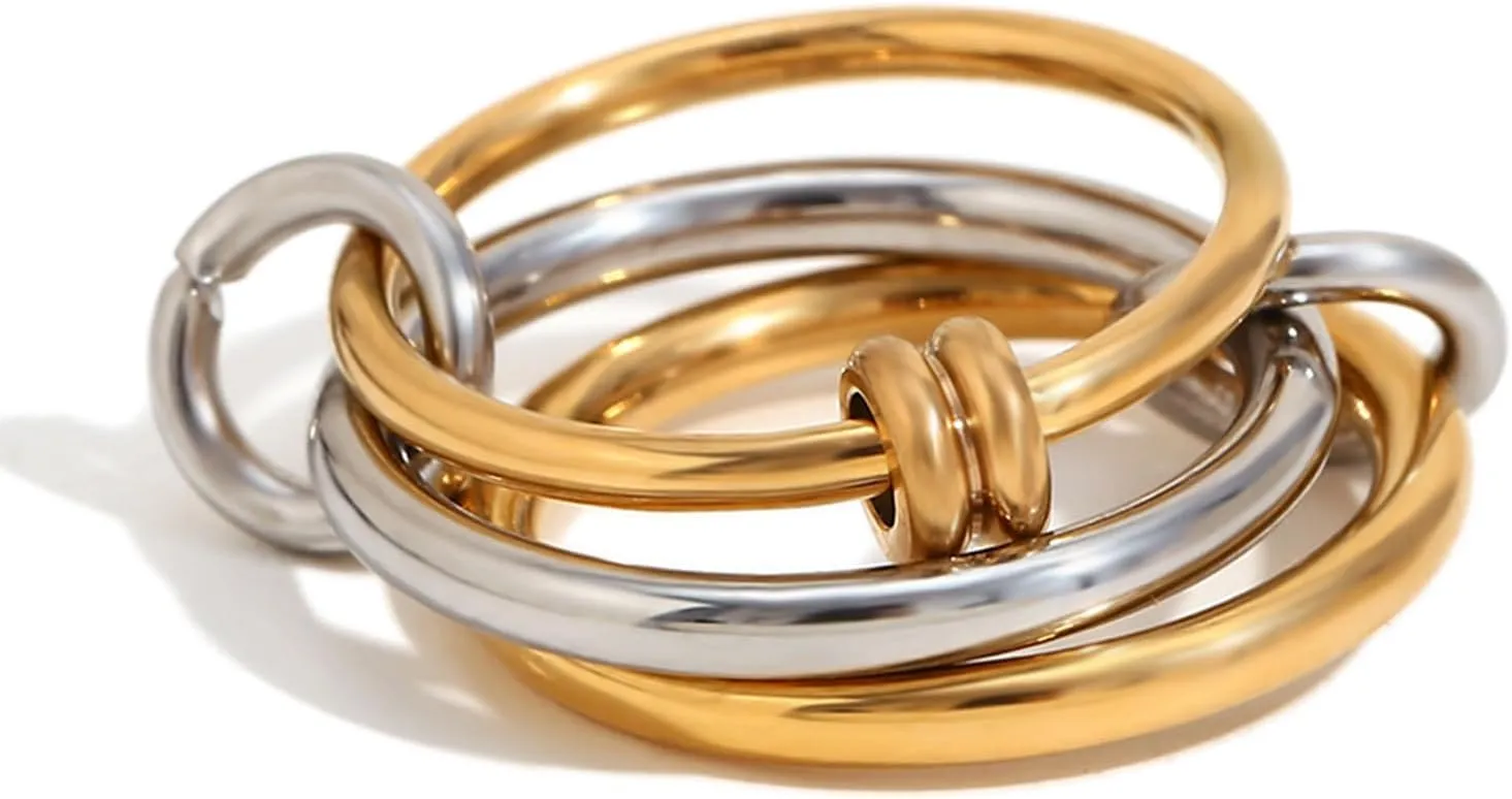 Gold Stackable Rings for Women 18k Gold Plated Stacked Rings Trendy Silver and Gold Rings Set Two-Tone Mixed Metals Stack Statement Rings 3 Link Connected Rings Non Tarnish Gold Jewelry