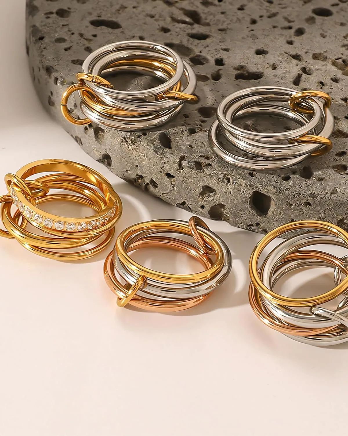 Gold Stackable Rings for Women 18k Gold Plated Stacked Rings Trendy Silver and Gold Rings Set Two-Tone Mixed Metals Stack Statement Rings 3 Link Connected Rings Non Tarnish Gold Jewelry