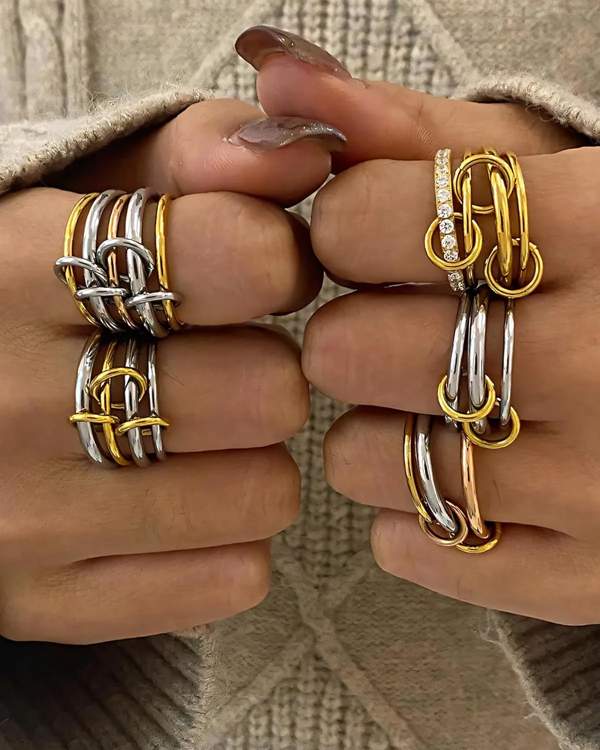 Gold Stackable Rings for Women 18k Gold Plated Stacked Rings Trendy Silver and Gold Rings Set Two-Tone Mixed Metals Stack Statement Rings 3 Link Connected Rings Non Tarnish Gold Jewelry