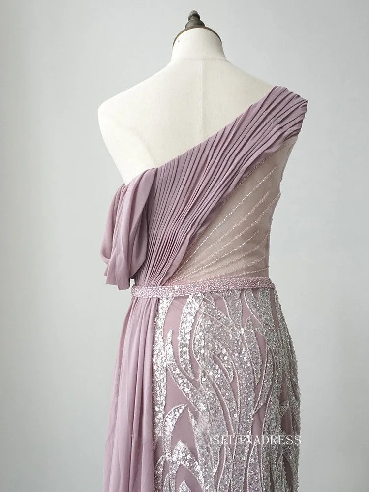 Gorgeous One Shoulder Elegant Long Prom Dress Rose Pink Sparkly Evening Dress Formal Gown FUE019