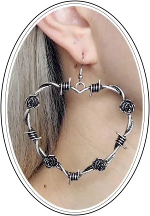 Gothic Barbed Wire Thorn Heart Earrings,Punk Style Large Heart Rose Earrings,Vintage Thorn Rose Heart Earrings,Valentine's Day Jewelry