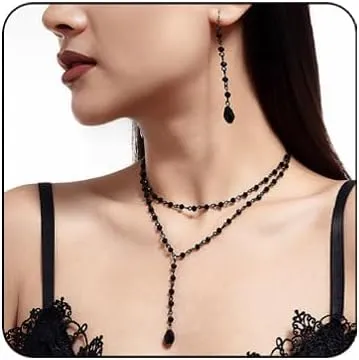 Gothic Blood Drop Necklace Earrings Set for Women Vintage Moon Crystal Choker Tear Drop Pendant Dark Style Vampire Layering Necklaces Y2k Blood Drop Y-Shaped Necklace Halloween Birthday Party Jewelry