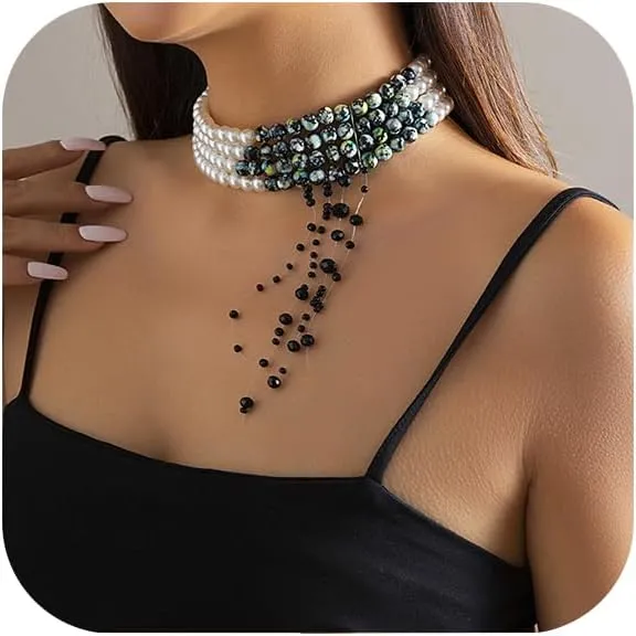 Gothic Blood Pearl Choker Necklace for Women,Punk Adjustable Dripping Blood Imitation Pearl Tassel Necklace Halloween Vampire Party Costume Jewelry