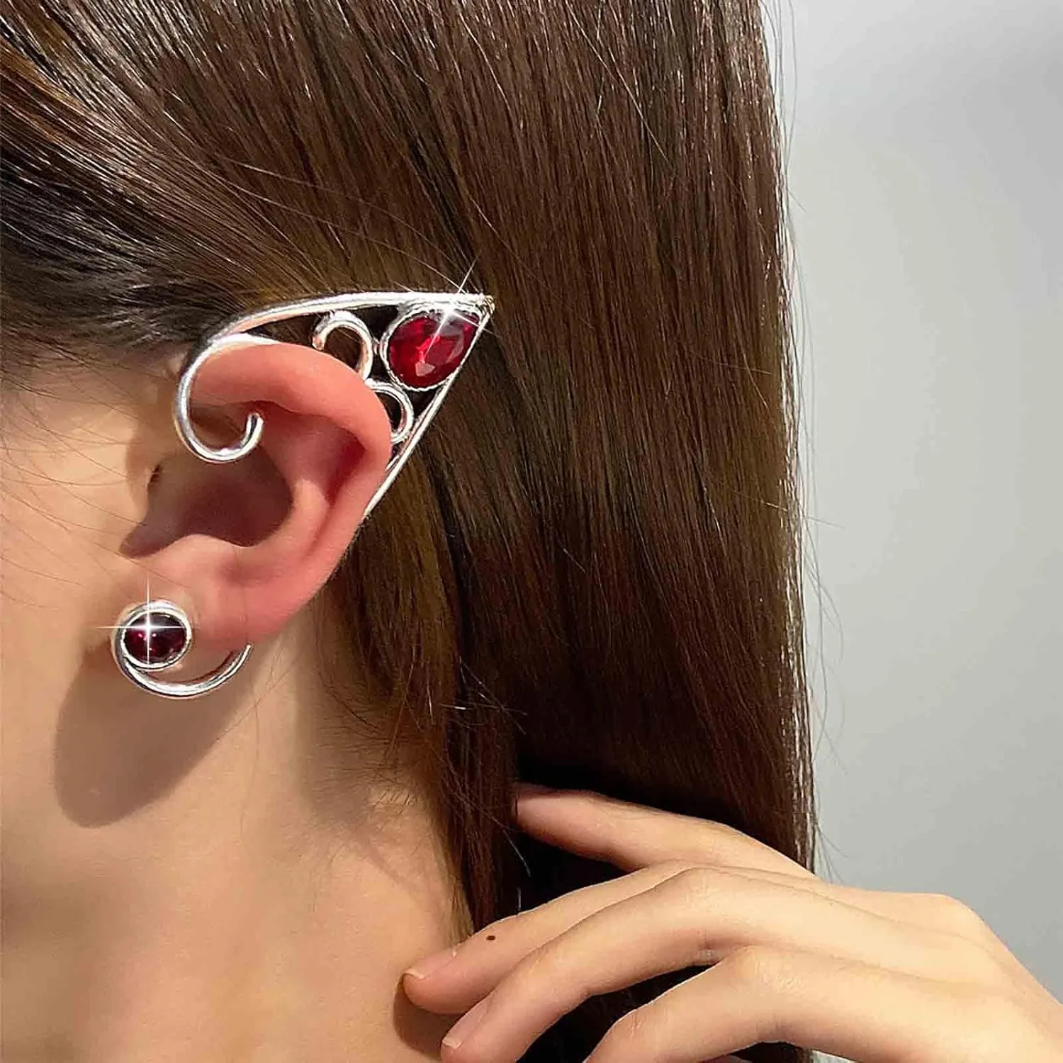 Gothic Elf Climber Cuff Earrings Fairy Elf Ear Wrap Earring Gold Ruby Ear Cuff Earring Elf Ear Crawler Earrings Red Crystal Stud Earrings Jewelry for Women