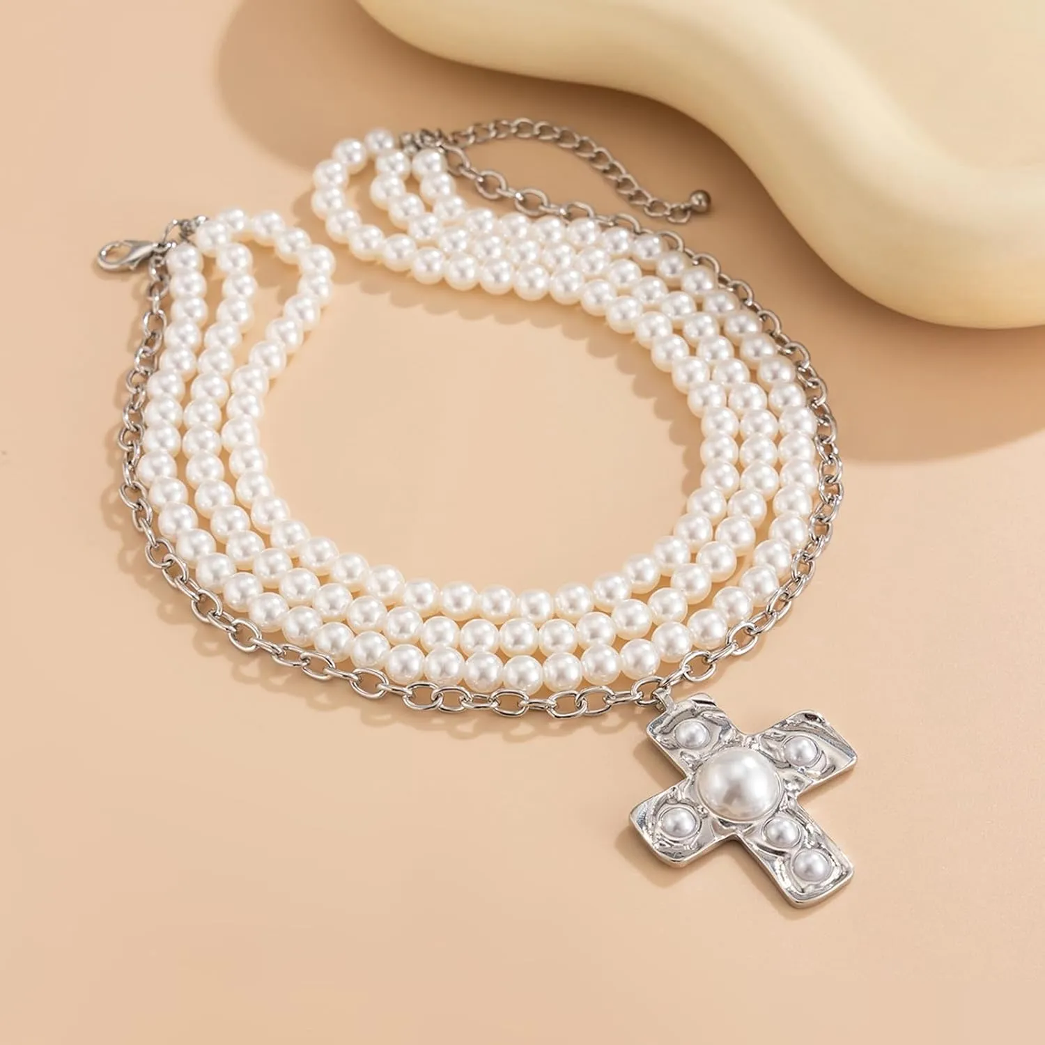 Gothic Pearl Cross Necklace Chunky Cross Necklaces for Women Chunky Gold Charm Necklace Layered Pearl Choker Necklaces Halloween Jewelry for Women