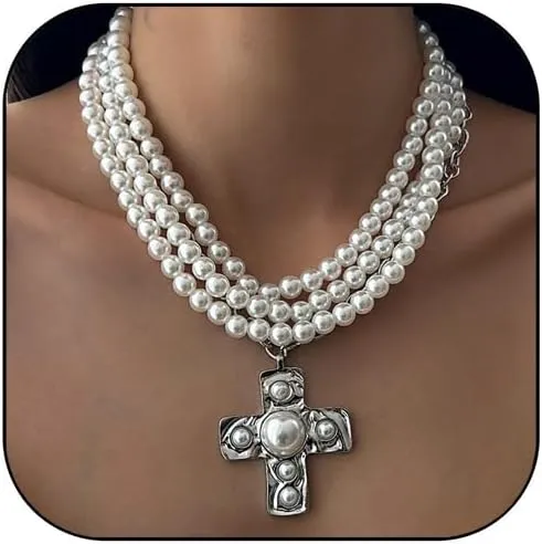 Gothic Pearl Cross Necklace Chunky Cross Necklaces for Women Chunky Gold Charm Necklace Layered Pearl Choker Necklaces Halloween Jewelry for Women