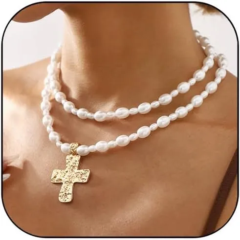 Gothic Pearl Cross Necklace Chunky Cross Necklaces for Women Chunky Gold Charm Necklace Layered Pearl Choker Necklaces Halloween Jewelry for Women