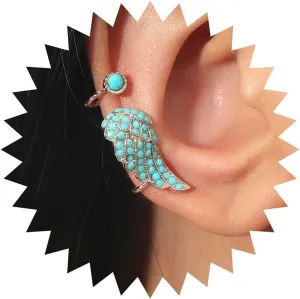 Gothic Turquoise Angel Wing Earrings Silver Turquoise Cuff Wrap Earrings Angel Wing Ear Cuff Earrings Turquoise Wing Crawler Cuff Earrings Wing Cartilage Cuff Earrings Jewelry for Women