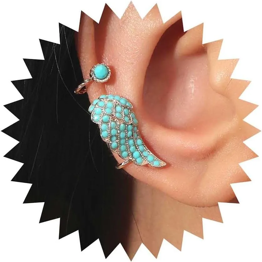 Gothic Turquoise Angel Wing Earrings Silver Turquoise Cuff Wrap Earrings Angel Wing Ear Cuff Earrings Turquoise Wing Crawler Cuff Earrings Wing Cartilage Cuff Earrings Jewelry for Women