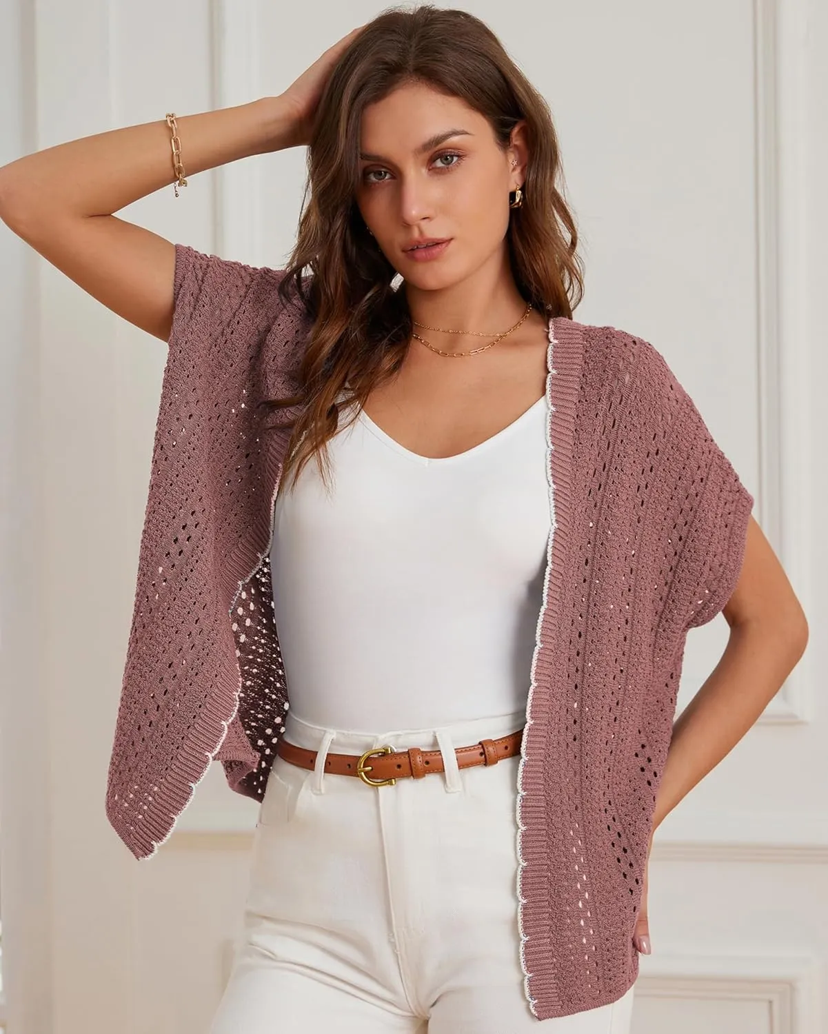 GRACE KARIN 2025 Womens Summer Lightweight Cardigan Sweater Crochet Short Sleeve Open Front Beach Knit Shrug Outwear