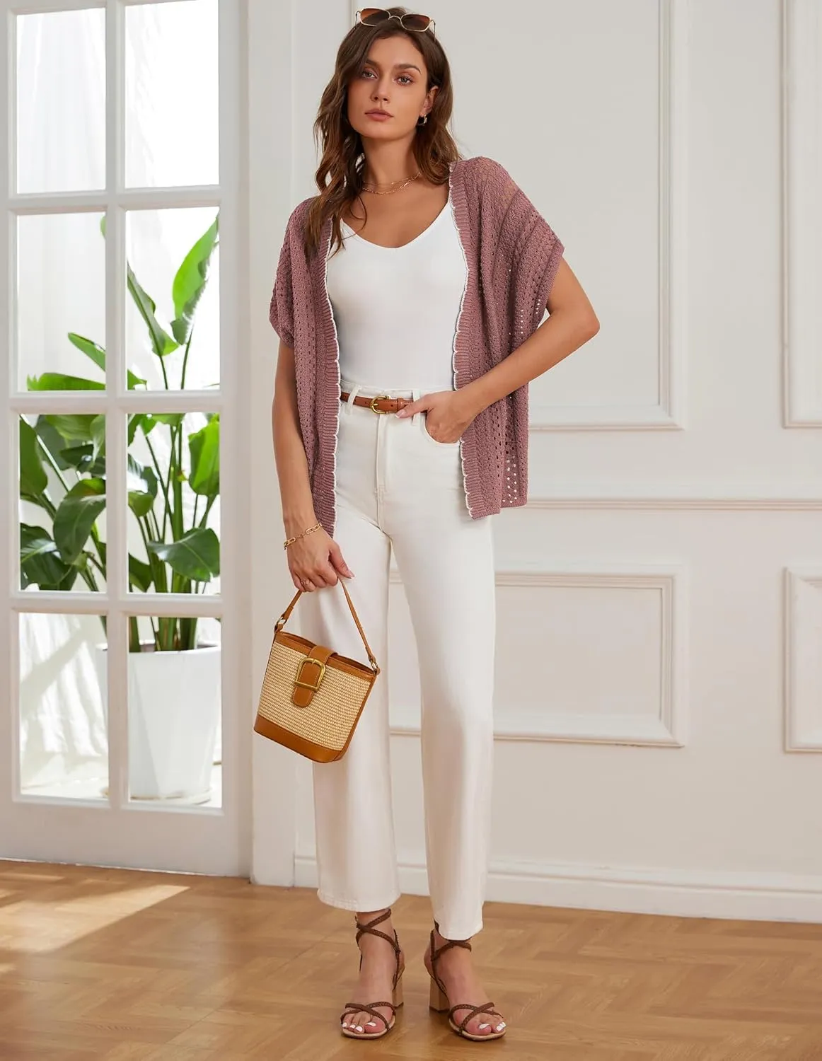 GRACE KARIN 2025 Womens Summer Lightweight Cardigan Sweater Crochet Short Sleeve Open Front Beach Knit Shrug Outwear