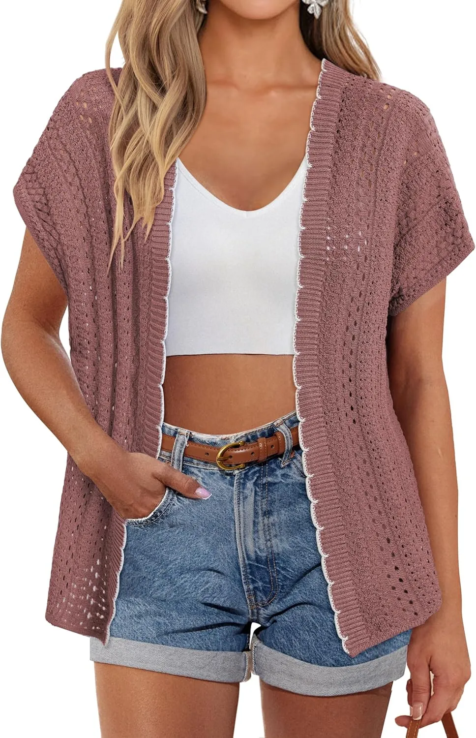 GRACE KARIN 2025 Womens Summer Lightweight Cardigan Sweater Crochet Short Sleeve Open Front Beach Knit Shrug Outwear