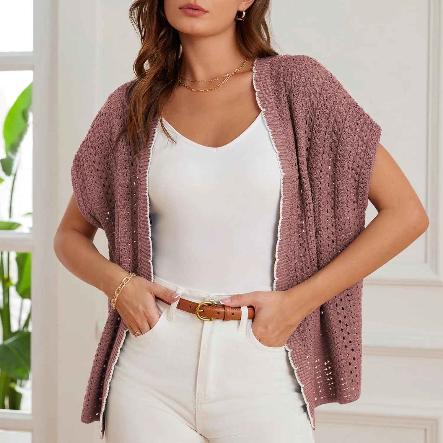 GRACE KARIN 2025 Womens Summer Lightweight Cardigan Sweater Crochet Short Sleeve Open Front Beach Knit Shrug Outwear