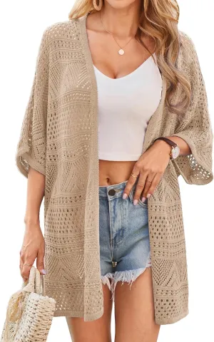 GRACE KARIN Womens Summer Short Sleeve Crochet Cardigan Sweaters Lightweight 2025 Oversized Knit Boho Kimono Cardigans