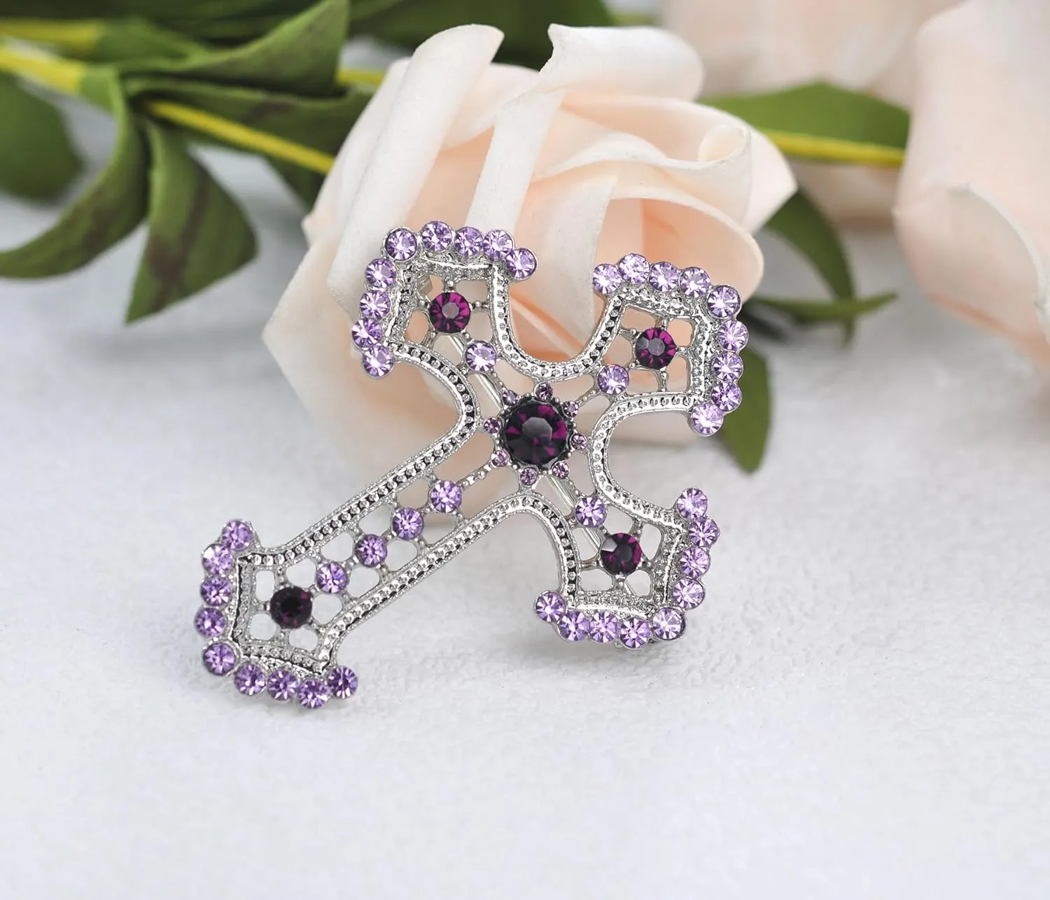 Gyn&Joy Sparkle Crystal Rhinestones Holy Cross Brooch Pin Jewelry For Women Men