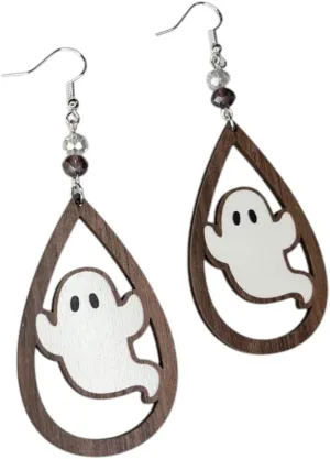 Halloween Ghost Teardrop Earrings, Wooden Dangle Design with Crystal Beads, Brown and White