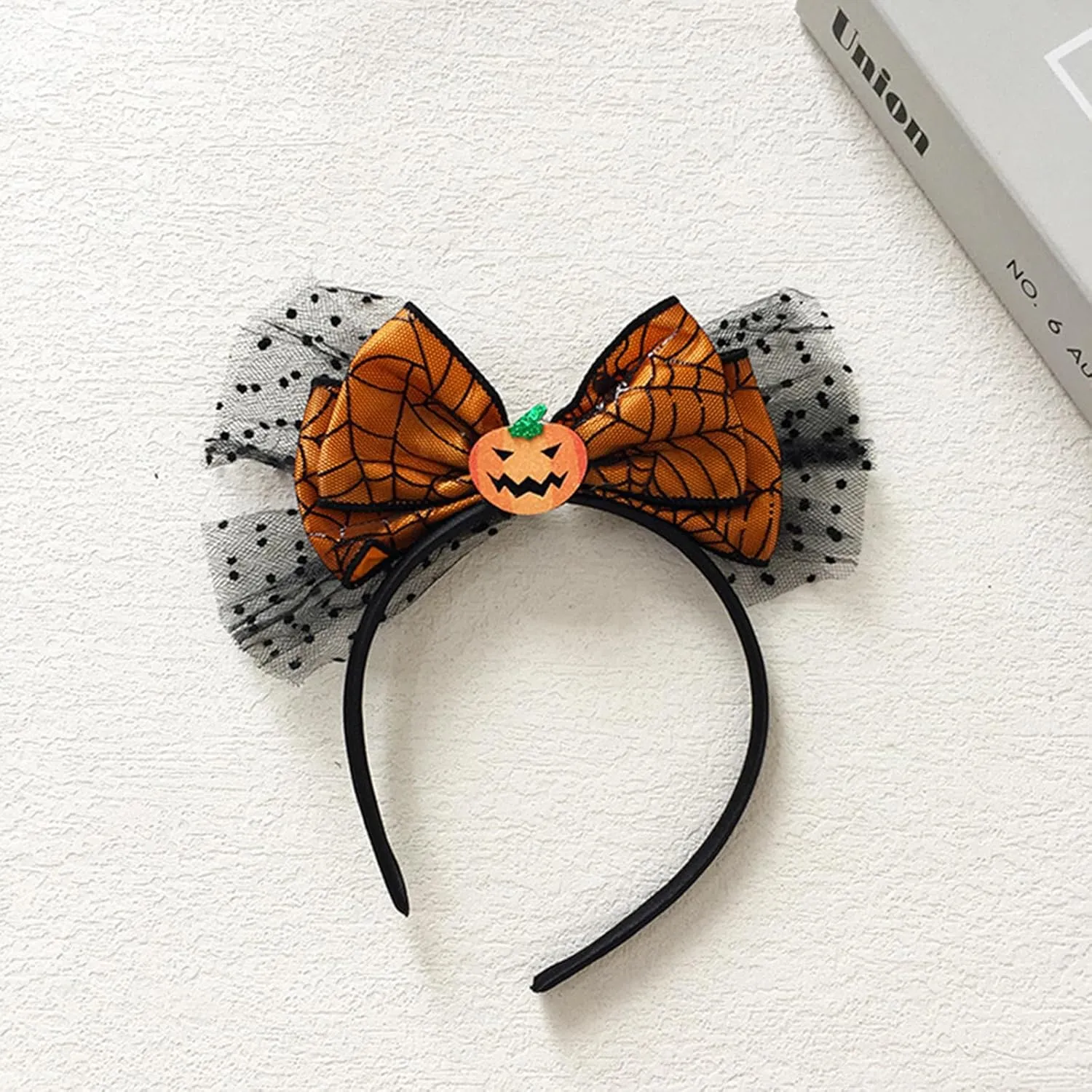 Halloween Headband Pumpkin Headbands Bow Hair Accessories for Women Men Wave Point Mesh Gauze Hair Bands Halloween Black Spider Web Head Band Cute Headband for Women Fashion Accessories(Orange)
