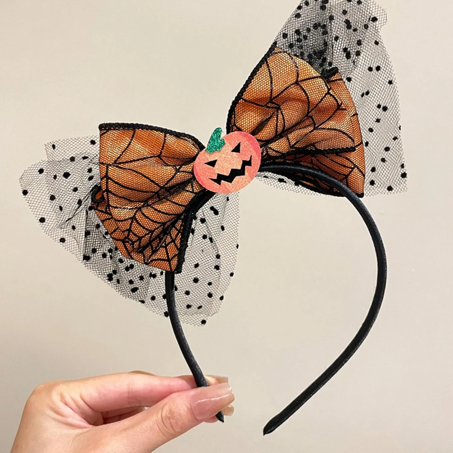 Halloween Headband Pumpkin Headbands Bow Hair Accessories for Women Men Wave Point Mesh Gauze Hair Bands Halloween Black Spider Web Head Band Cute Headband for Women Fashion Accessories(Orange)