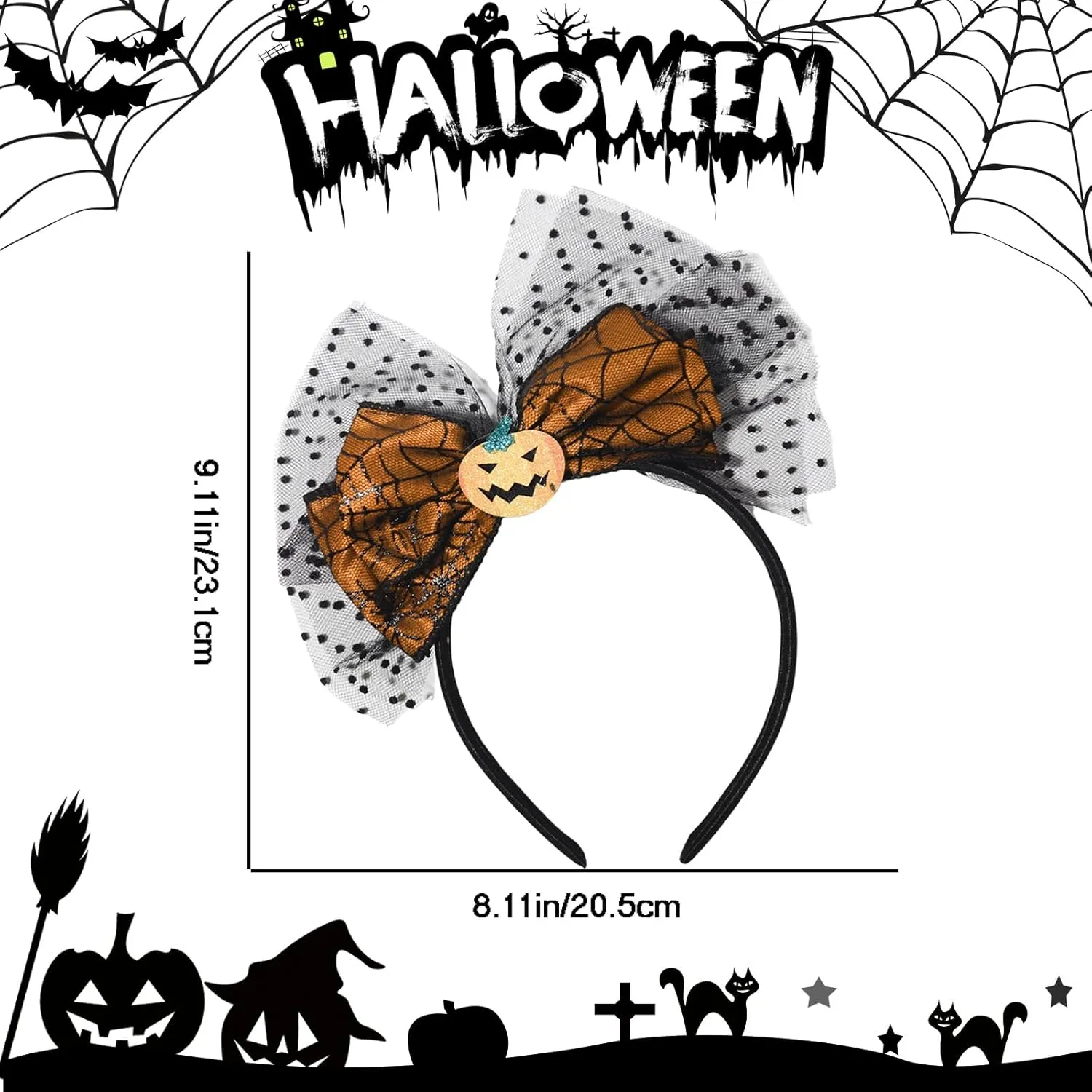 Halloween Headband Pumpkin Headbands Bow Hair Accessories for Women Men Wave Point Mesh Gauze Hair Bands Halloween Black Spider Web Head Band Cute Headband for Women Fashion Accessories(Orange)