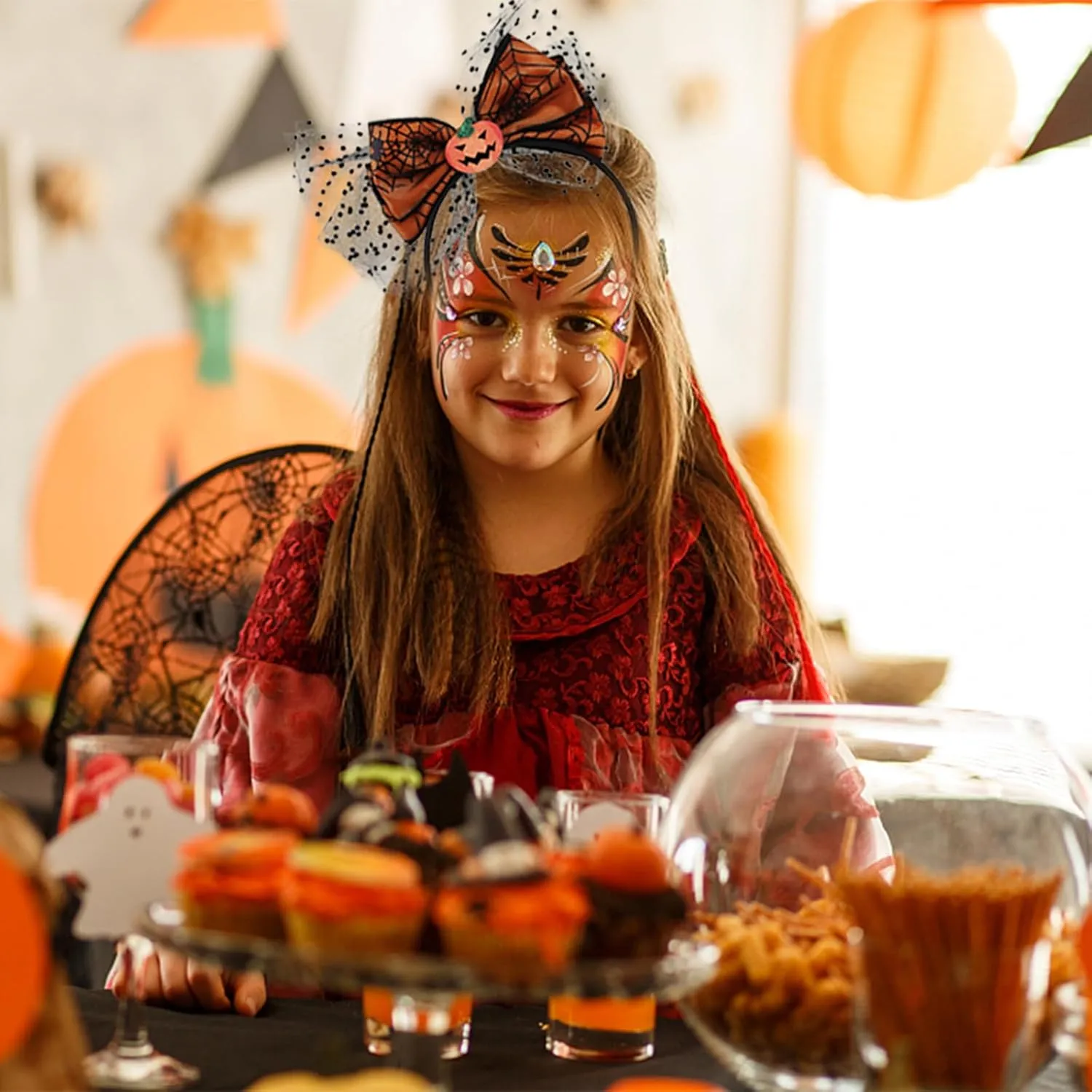 Halloween Headband Pumpkin Headbands Bow Hair Accessories for Women Men Wave Point Mesh Gauze Hair Bands Halloween Black Spider Web Head Band Cute Headband for Women Fashion Accessories(Orange)