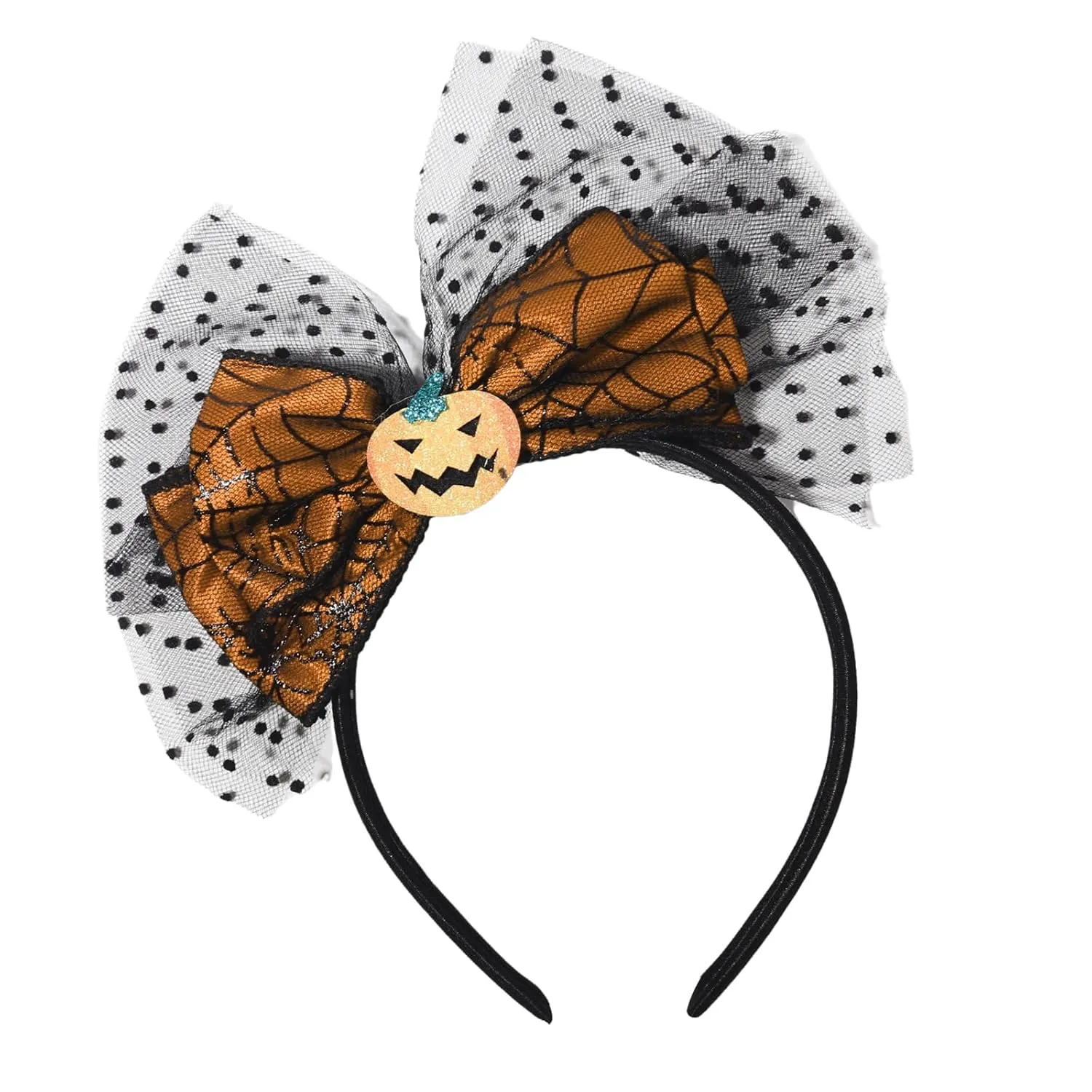 Halloween Headband Pumpkin Headbands Bow Hair Accessories for Women Men Wave Point Mesh Gauze Hair Bands Halloween Black Spider Web Head Band Cute Headband for Women Fashion Accessories(Orange)