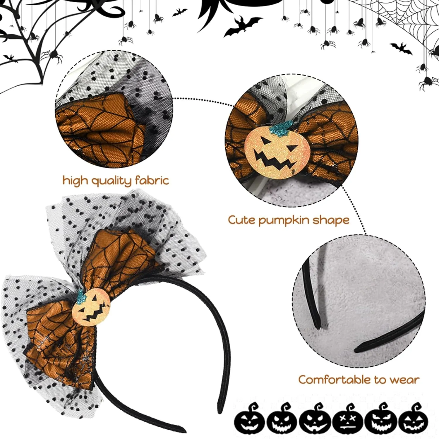 Halloween Headband Pumpkin Headbands Bow Hair Accessories for Women Men Wave Point Mesh Gauze Hair Bands Halloween Black Spider Web Head Band Cute Headband for Women Fashion Accessories(Orange)
