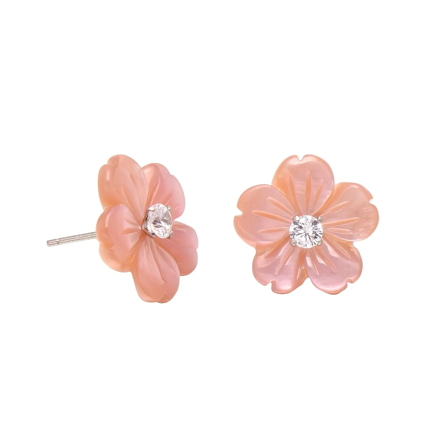 Hand Carved Flower Shell Earring Jacket with 3MM White Cubic Zirconia Sterling Silver Studs