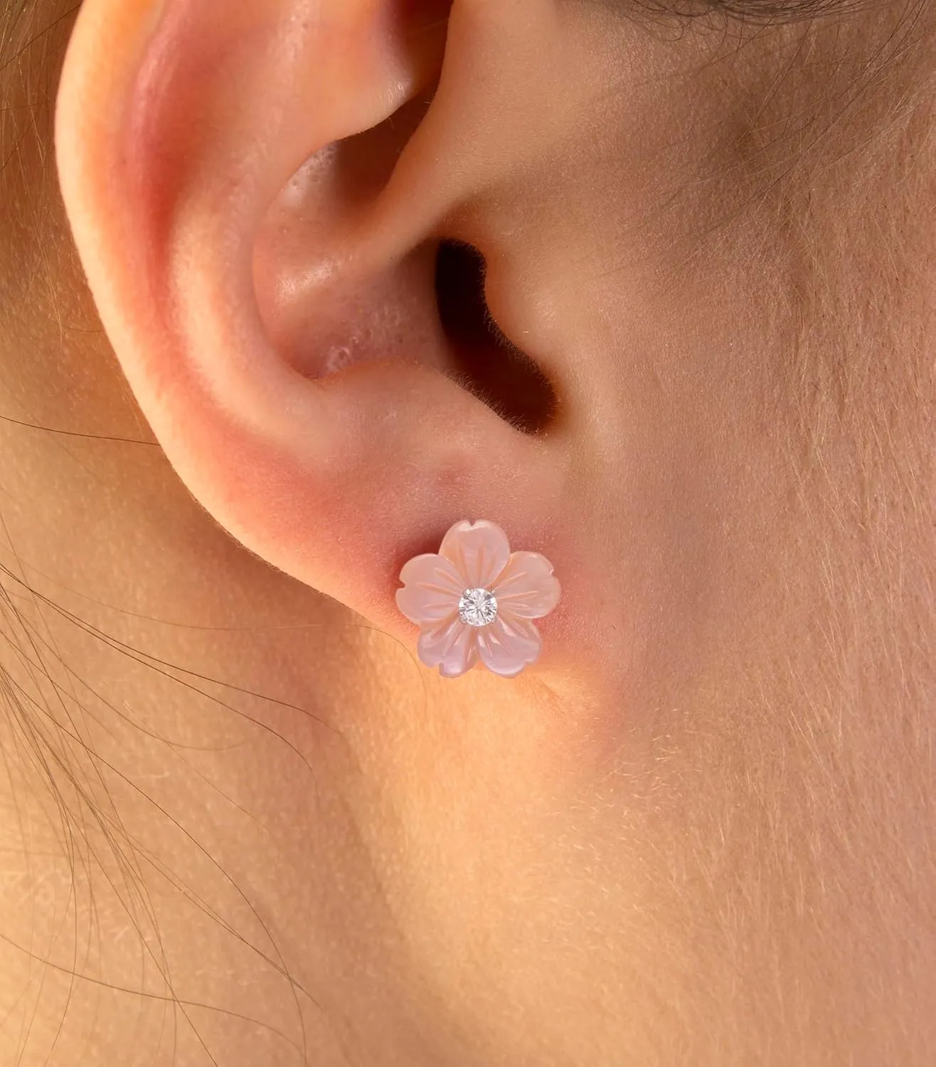 Hand Carved Flower Shell Earring Jacket with 3MM White Cubic Zirconia Sterling Silver Studs