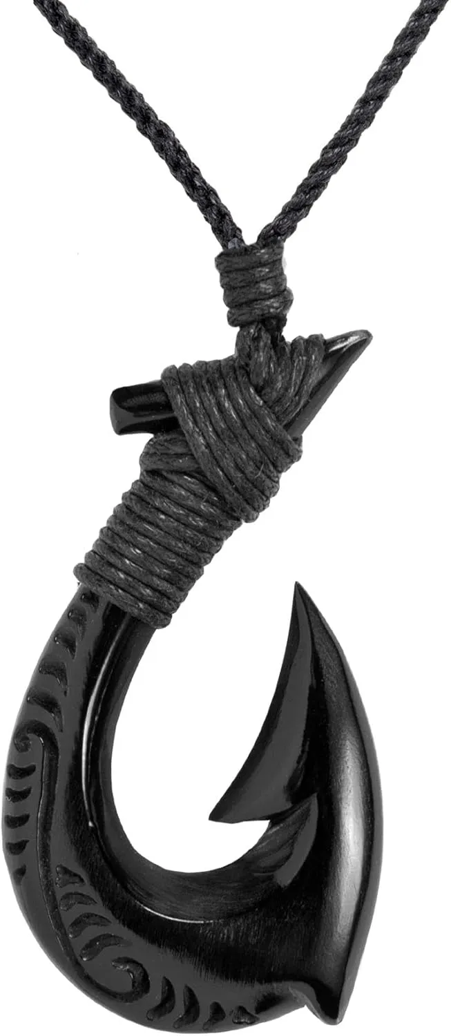 Hand Carved Horn HEI Matau Necklace Engraved - Fish Hook Pendant Necklace - Maori Style Tribal Men's Necklaces - Surfer Necklace - Carved Bone Pendant