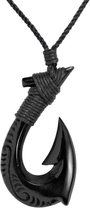 Hand Carved Horn HEI Matau Necklace Engraved - Fish Hook Pendant Necklace - Maori Style Tribal Men's Necklaces - Surfer Necklace - Carved Bone Pendant