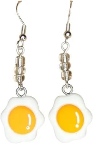 Handmade Sunny Side Up Fried Egg Dangle Earrings, Silver-tone Hook, White and Yellow