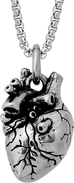 HAQUIL Heart Necklace, Stainless Steel Gothic Punk Anatomical Heart Charm Pendant, Box Chain, Statement Jewelry Gift for Men