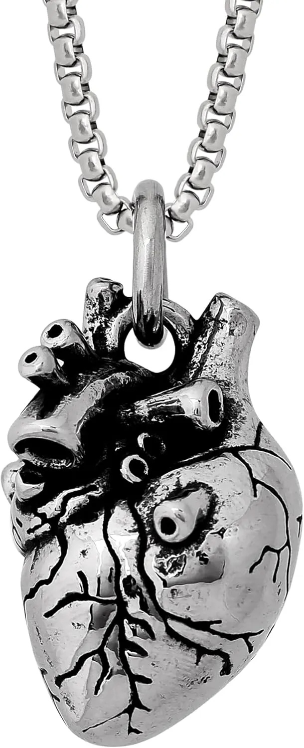 HAQUIL Heart Necklace, Stainless Steel Gothic Punk Anatomical Heart Charm Pendant, Box Chain, Statement Jewelry Gift for Men