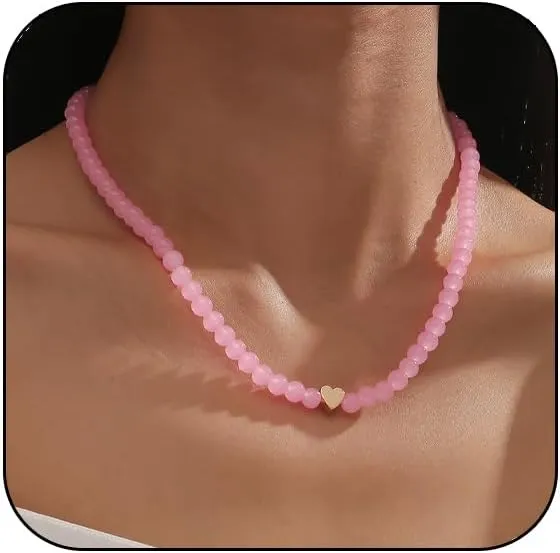 Heart Beaded Necklace for Women Pink Quartz Crystal Beaded Necklace Cute Love Pink Glass Beads Choker Necklaces Summer Handmade Necklaces Jewelry