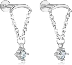 Helix Earrings for Women Flat Back Earrings Hidden Helix Earring Dangle Tassel Chain Earring 2Pcs Cartilage Studs Silver Jewelry Gift