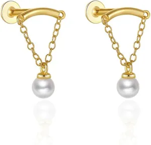 Helix Earrings for Women Flat Back Earrings Hidden Helix Earring Dangle Tassel Chain Earring 2Pcs Cartilage Studs Silver Jewelry Gift