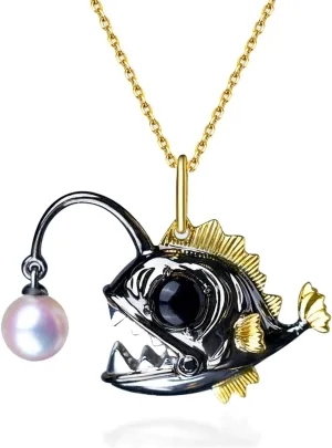 Hi Pearl Necklaces for Men Women Unisex Angler Fish Necklace Small Lantern Fish Pendant Choker Necklace Freshwater Natural Pearl Lure, 18 Inches with Extender