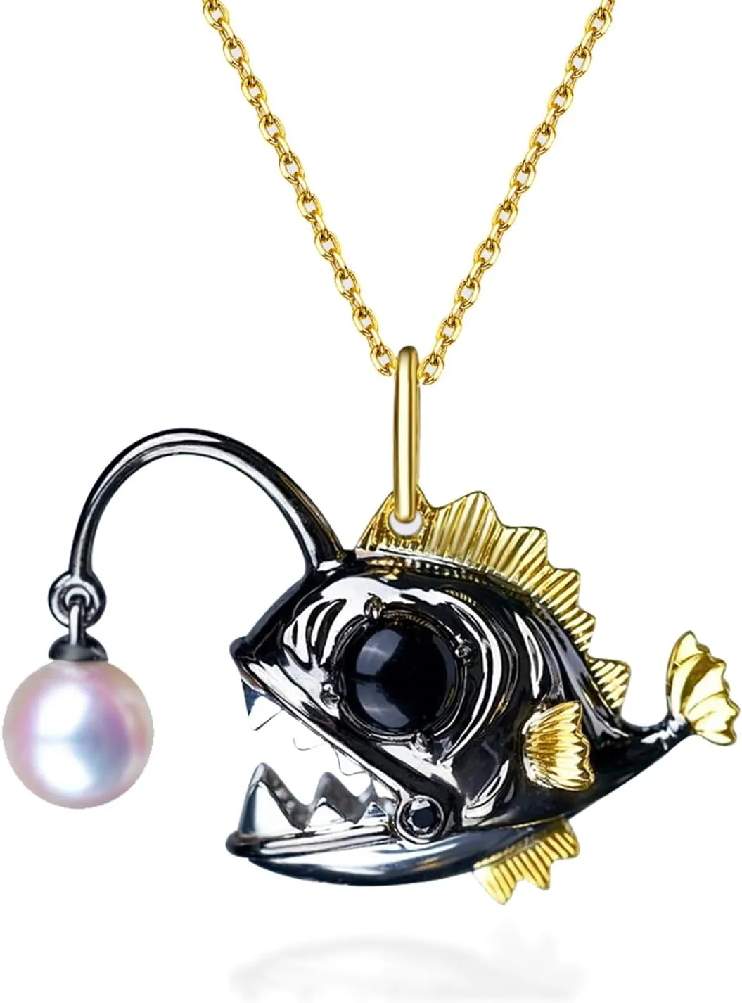 Hi Pearl Necklaces for Men Women Unisex Angler Fish Necklace Small Lantern Fish Pendant Choker Necklace Freshwater Natural Pearl Lure, 18 Inches with Extender