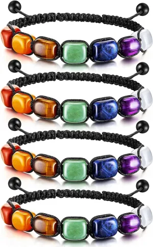 Hicarer 4 Pcs 7 Colored Chakra Bracelets for Women Men Colored Chakra Bracelets for Gifts Crystal Stretch Yoga Braided Rope Bead Reiki Wristlets
