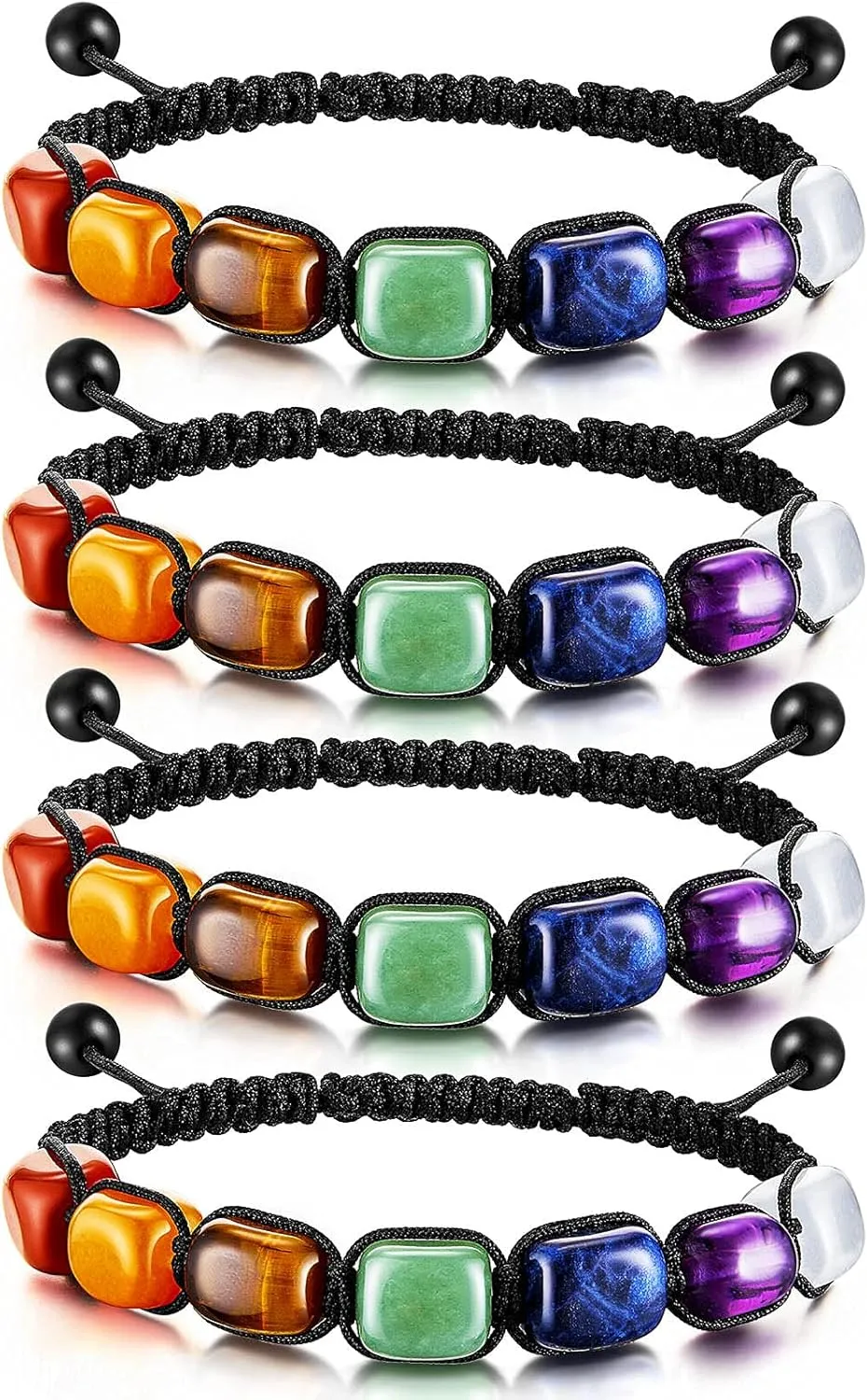 Hicarer 4 Pcs 7 Colored Chakra Bracelets for Women Men Colored Chakra Bracelets for Gifts Crystal Stretch Yoga Braided Rope Bead Reiki Wristlets