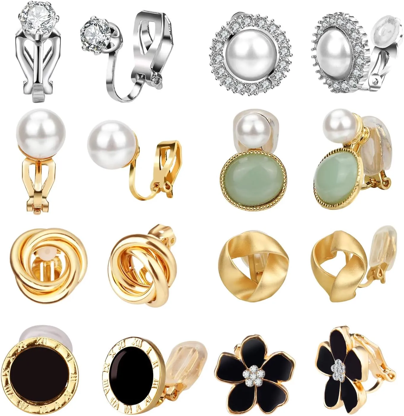 Hicdaw 8 Pairs Clip On Earrings for Women Non Pierced Earrings Rose Flower CZ Pearl Twist Knot Jewelry Clip on Earrings Sets Hypoallergenic Earrings for Women