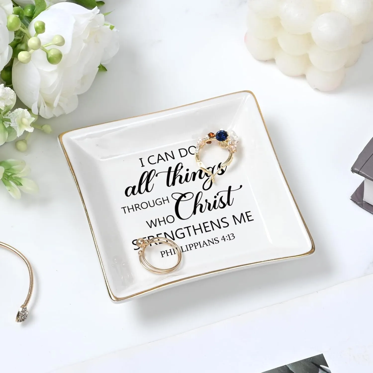 Homlouue Christian Gifts: Religious Christmas & Birthday Gifts for Women Friends - Inspirational Motivational 'I Can Do All Things' Christian Jewelry Tray Ring Dish