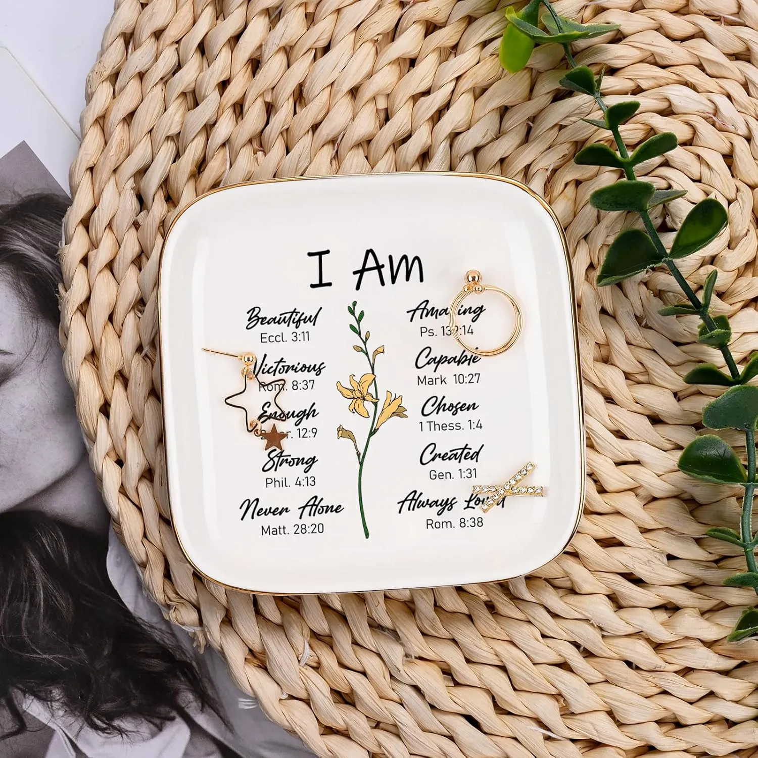 Homlouue Christian Inspirational Ring Dish - Religious Catholic Spiritual Gifts for Women, Female Friends - Ceramic Jewelry Tray for Birthday, Christmas