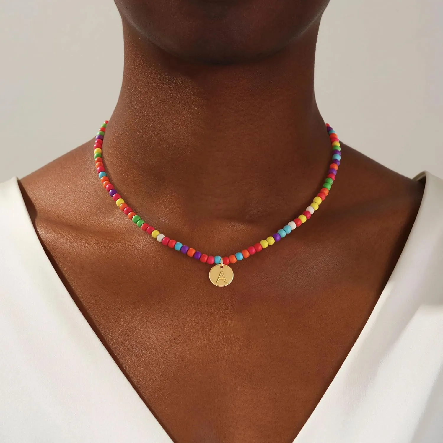 Honsny Colorful Beaded Initial Necklaces for Women Gifts Cute Beaded Necklaces for Women Choker Charm Boho Initial Necklace for Teen Jewelry Gifts
