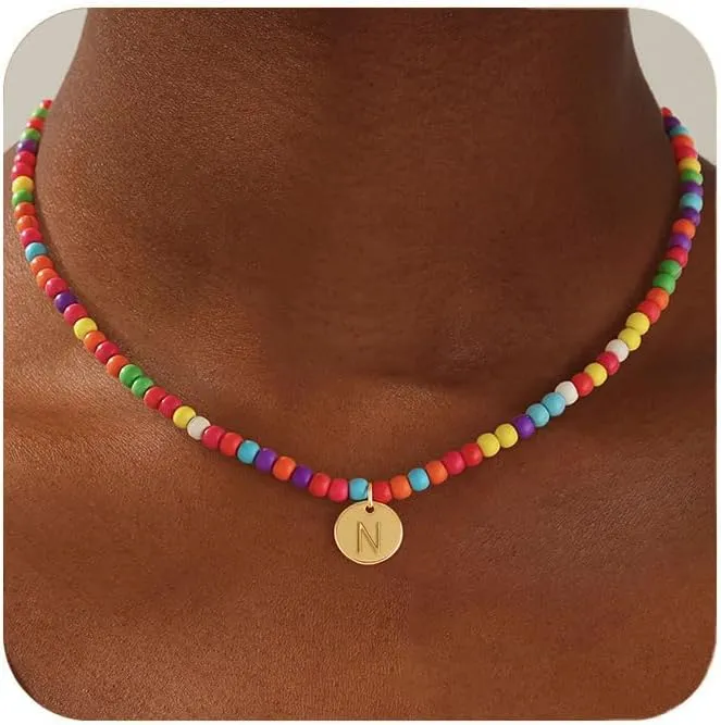 Honsny Colorful Beaded Initial Necklaces for Women Gifts Cute Beaded Necklaces for Women Choker Charm Boho Initial Necklace for Teen Jewelry Gifts
