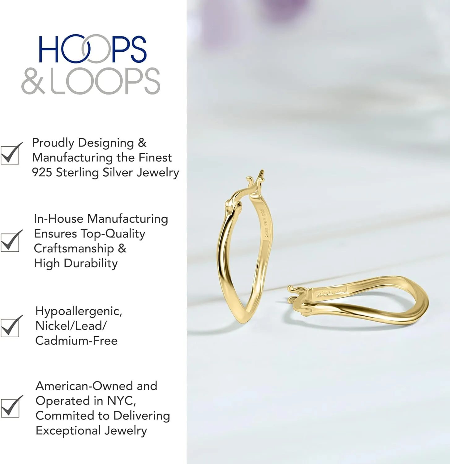 Hoops & Loops 925 Sterling Silver Curved Flat 22mm Hoop Earrings for Women, Silver, Yellow Gold, Rose Gold
