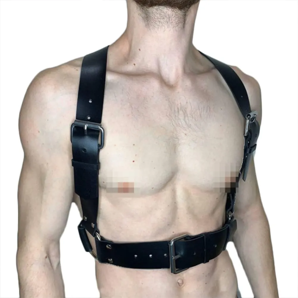HSQSMWJ Mens Body Chest Harness Belt Punk Gothic PU Leather Shoulder Cage Strap Cosplay Clubwear Costume